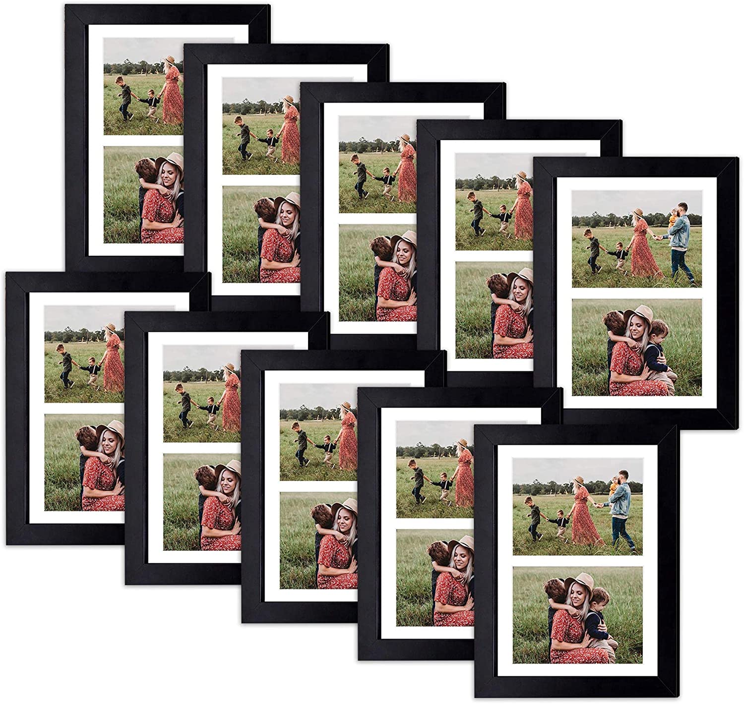 8.5x11 Wood Frame For 2-5x7 Photos with Mat and Real Glass (10 Pack) Black White Mat Golden State Art