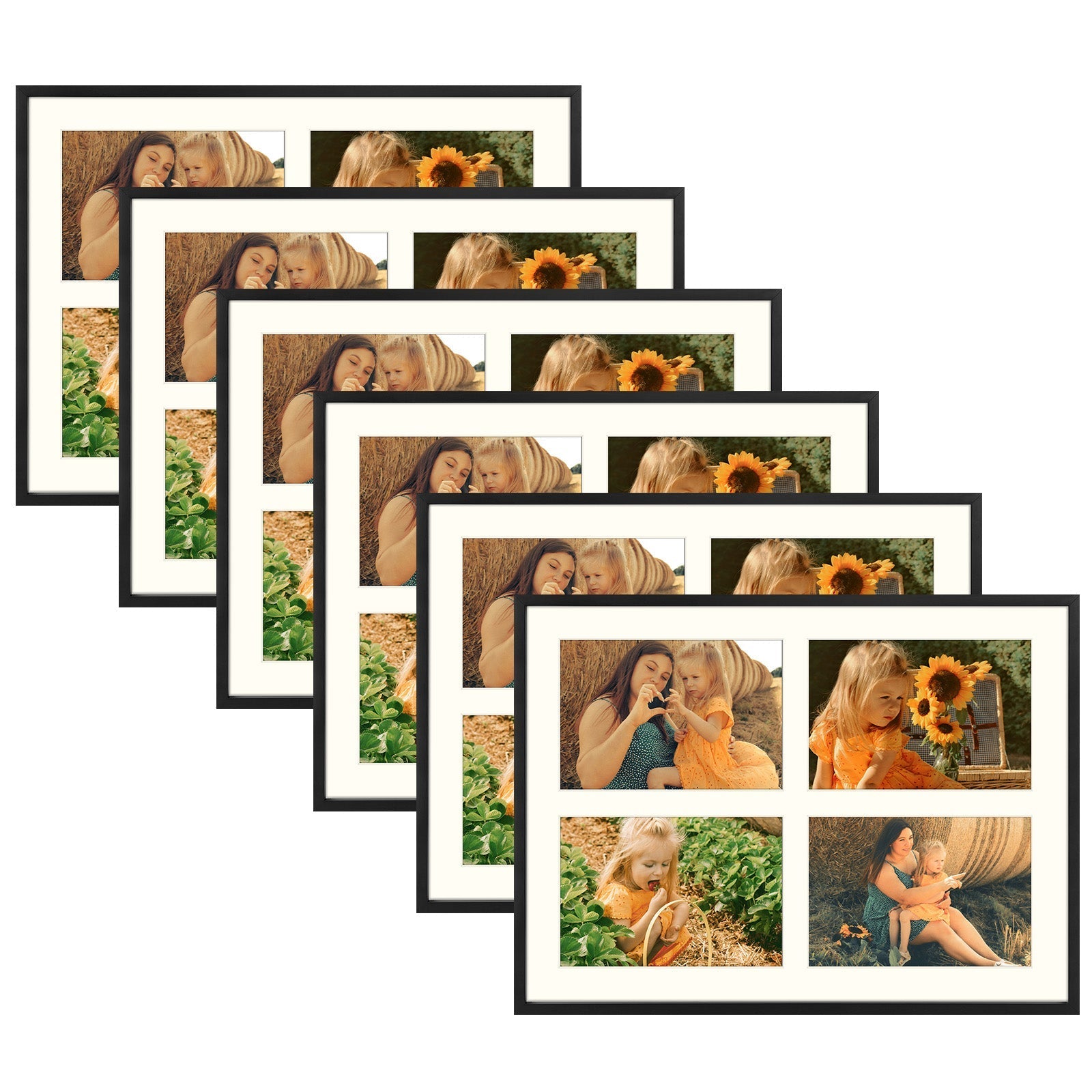 Aluminum Frames Collage Frame with Ivory Mat and Real Glass, Frame Thickness 1.02 Inch 6 Pack 12x16 Matted to Four 5x7 Black Picture Frame Golden State Art