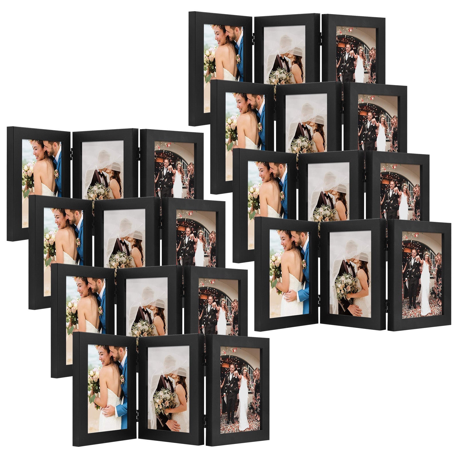 Hinged Frames Displays 3 Photos with Real Glass (8 Pack) 5x7 Black Picture Frame Golden State Art