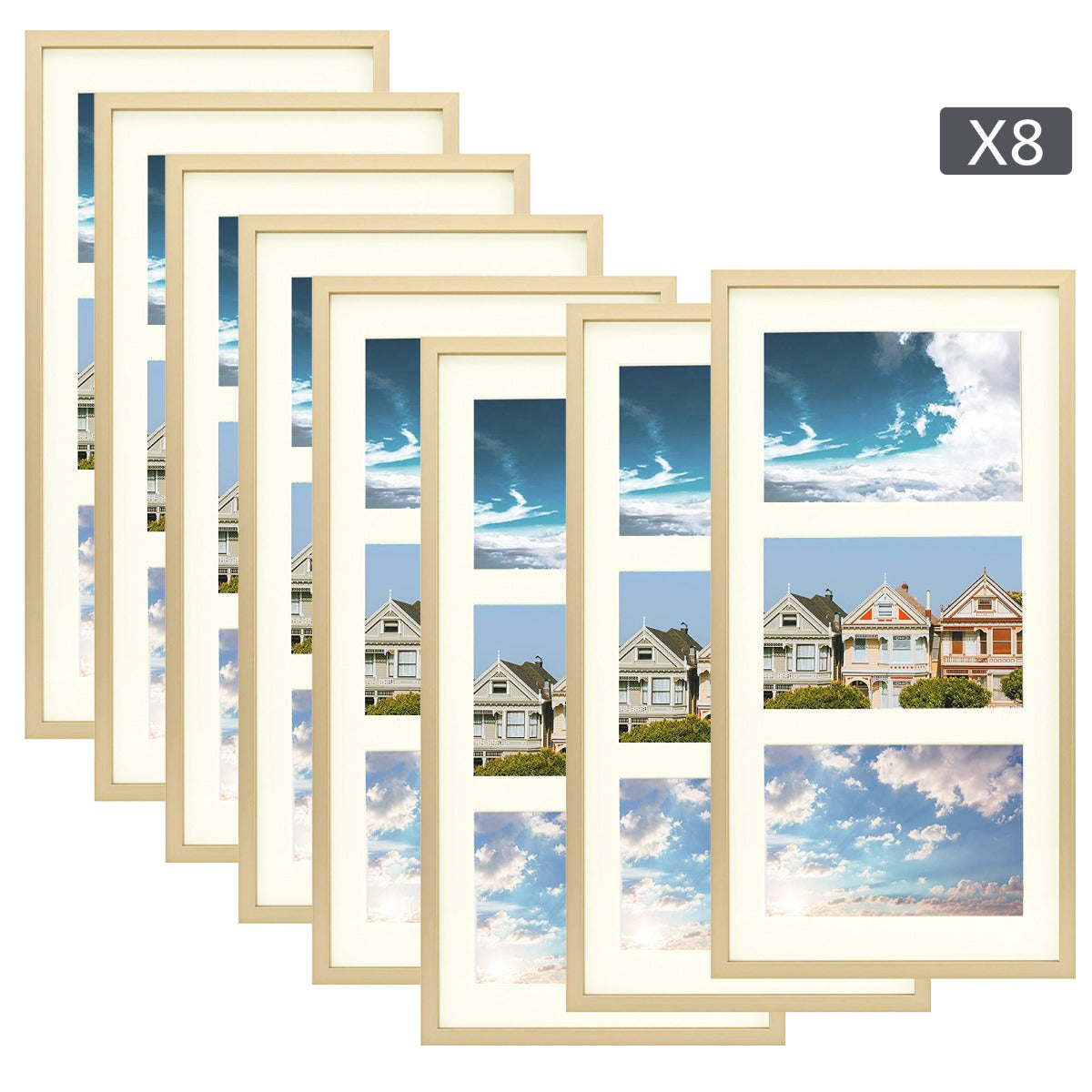 Aluminum Frames Collage Frame with Ivory Mat and Real Glass, Frame Thickness 1.02 Inch 8 Pack 7x14 Matted to Three 4x6 Gold Picture Frame Golden State Art