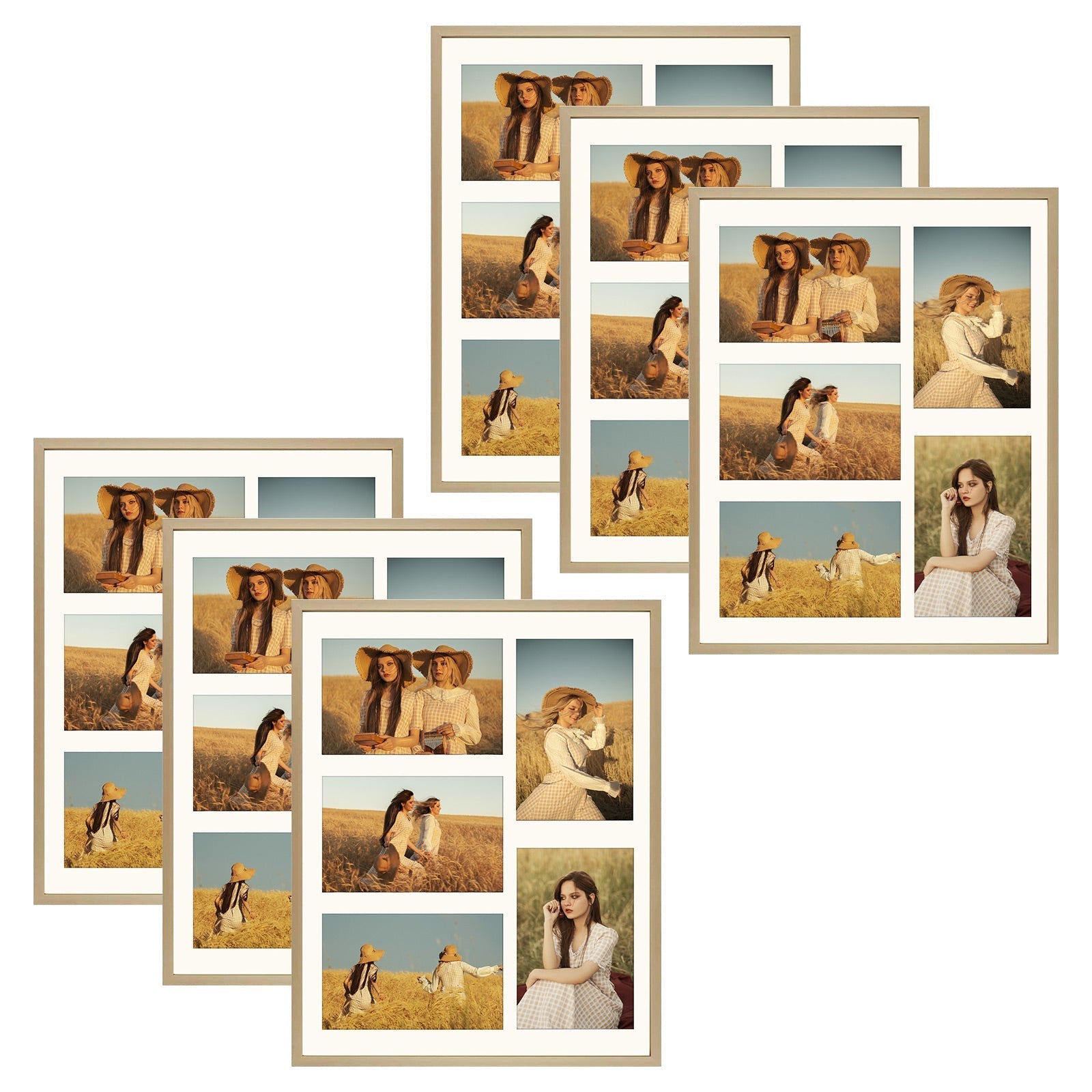 Aluminum Frames Collage Frame with Ivory Mat and Real Glass, Frame Thickness 1.02 Inch 6 Pack 11x14 Matted to Five 4x6 Gold Picture Frame Golden State Art