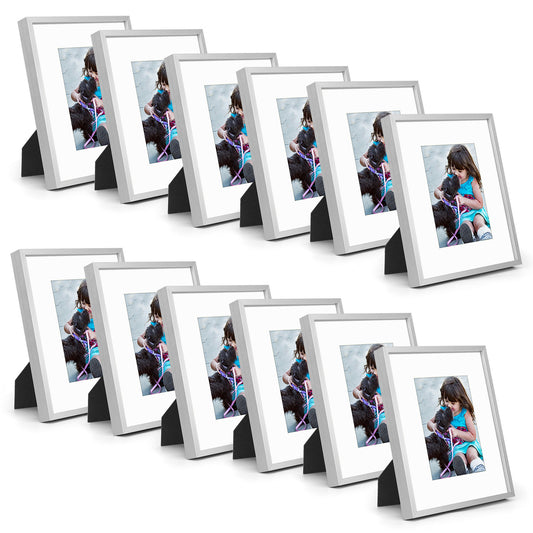 8x10 Aluminum Frame 1.02 Inch for 5x7 Picture with White Mat and Real Glass- Pack of 12