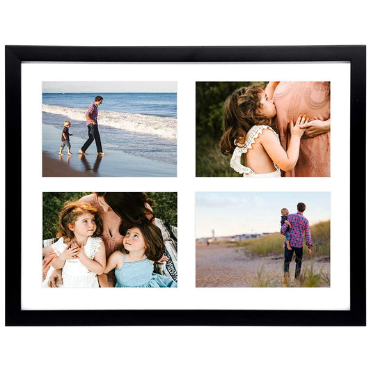 12x16 Black Wood Collage Frame For 4-5x7 Photos with White Mat and Tempered Glass Golden State Art