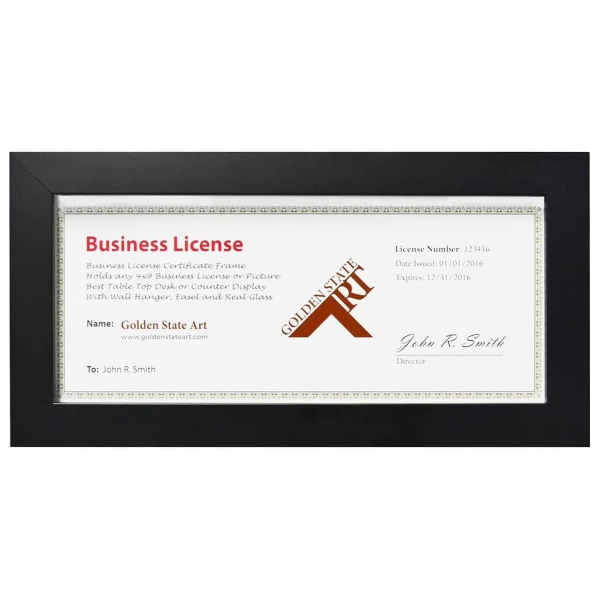 4x9 Black Wood Frame Business License Certificate Frame with Real Glass Golden State Art