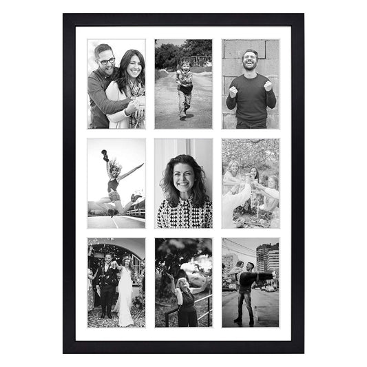 13.6x19.7 Black Wood Collage Frame For 9-4X6 photos with White Mat and Real Glass Golden State Art