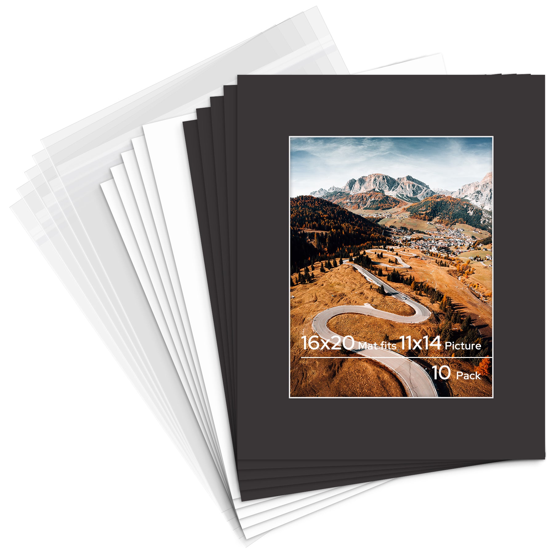 16x20 Pre-cut Mat with Whitecore with Backing Board and Clear Bag 10 Pack 11x14 Tricom Black #142 Mat Boards Golden State Art