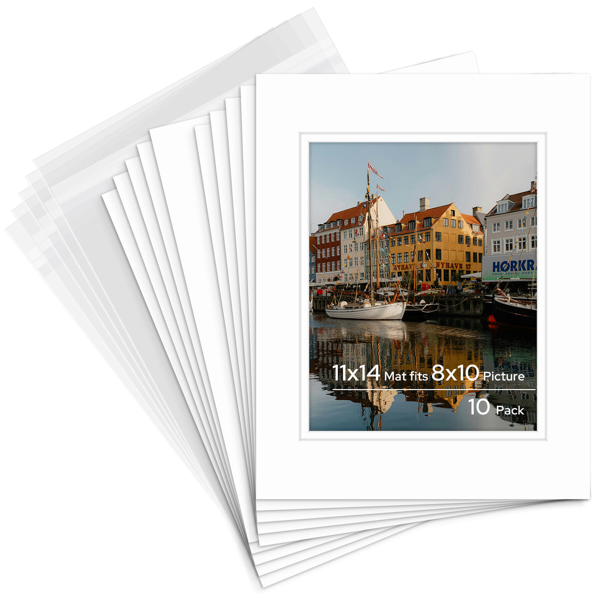 11x14 Pre-cut Double Mat for 8x10 Picture with Whitecore with Backing Board and Clear Bag 10 Pack White #501 White #501 Mat Boards Golden State Art