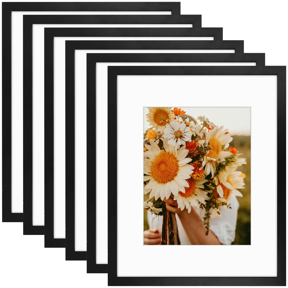 16x20 MDF Frame 0.71 Inch for 11x14 Picture with White Mat- Pack of 6 Black Picture Frames Golden State Art