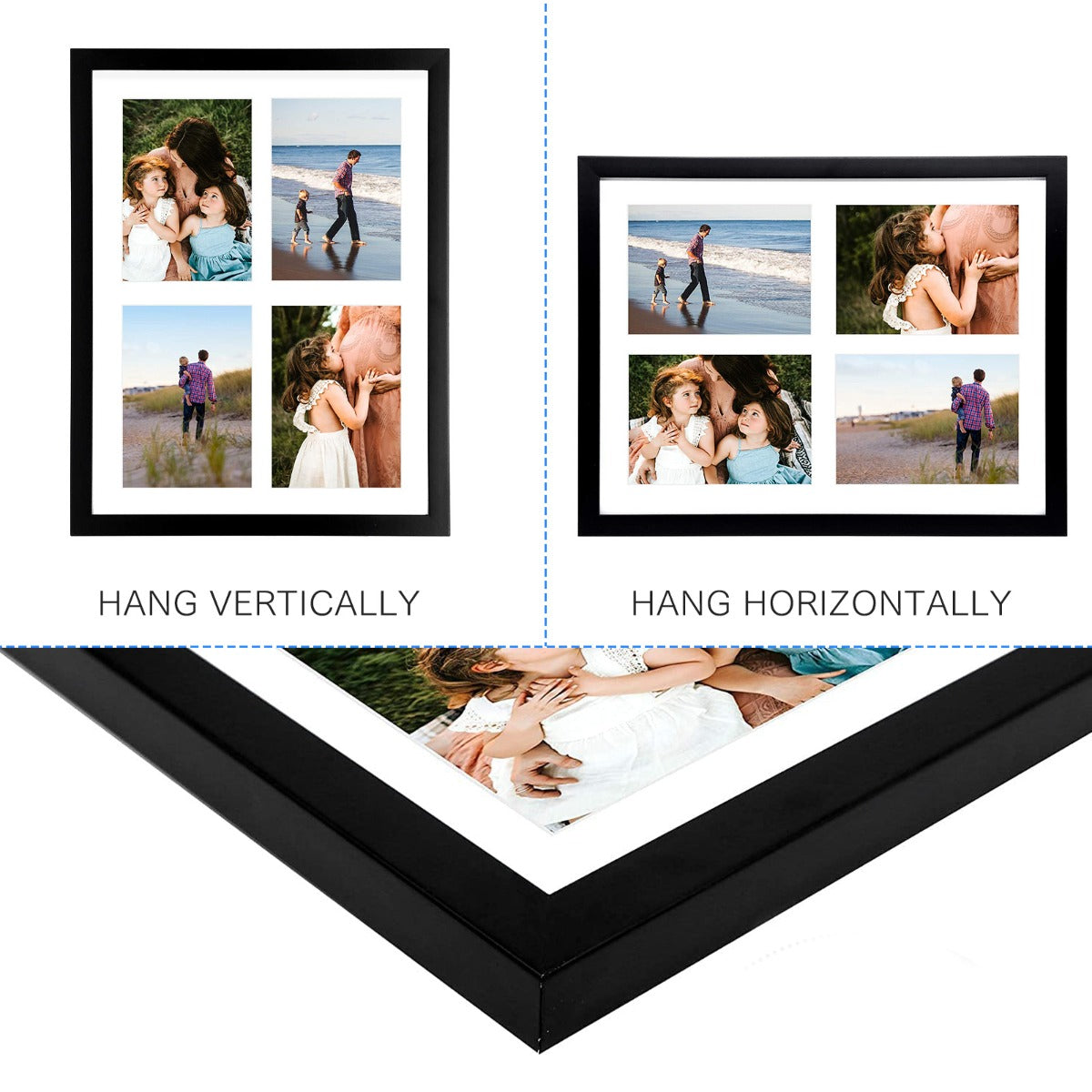 12x16 Black Wood Collage Frame For 4-5x7 Photos with White Mat and Tempered Glass Golden State Art