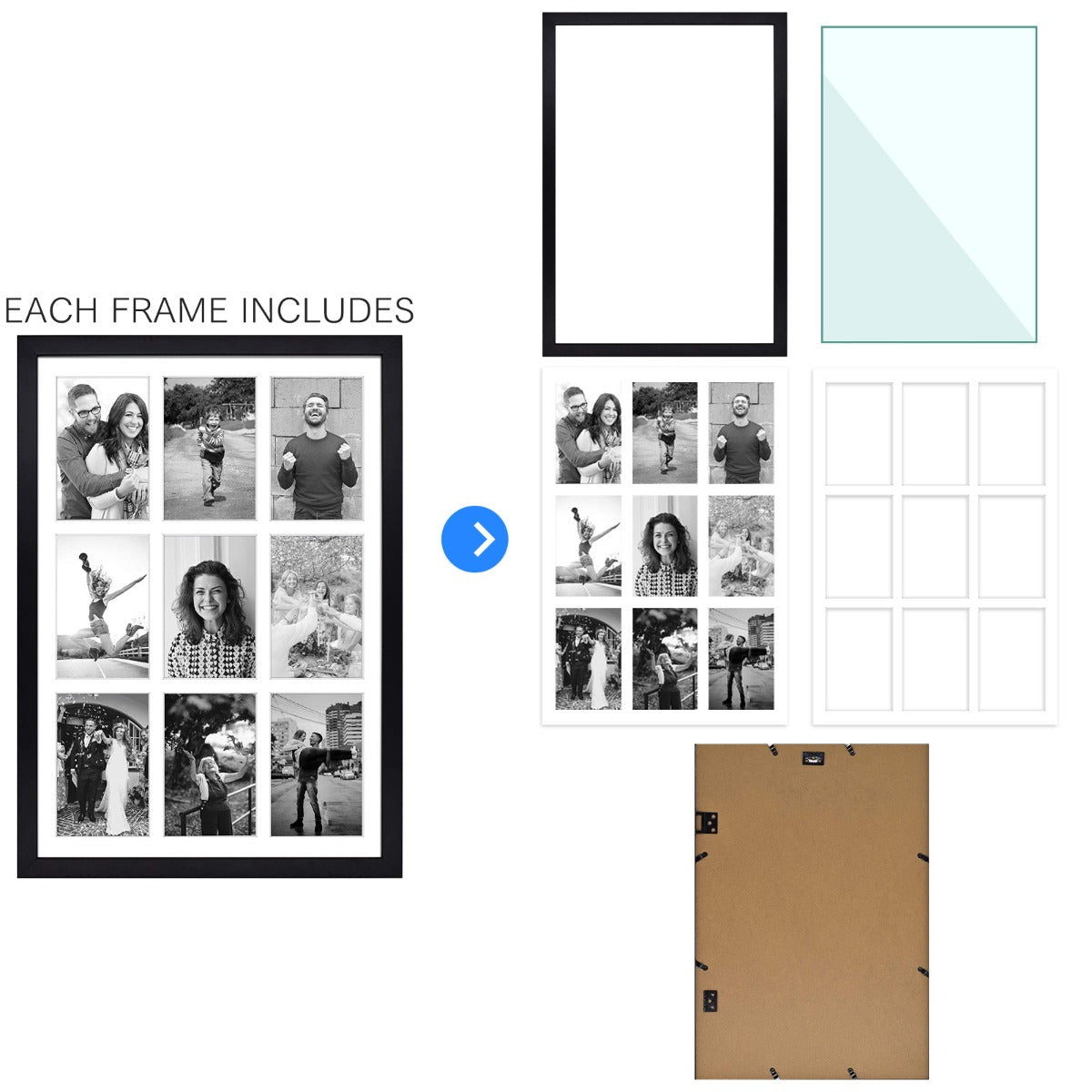 13.6x19.7 Black Wood Collage Frame For 9-4X6 photos with White Mat and Real Glass Golden State Art