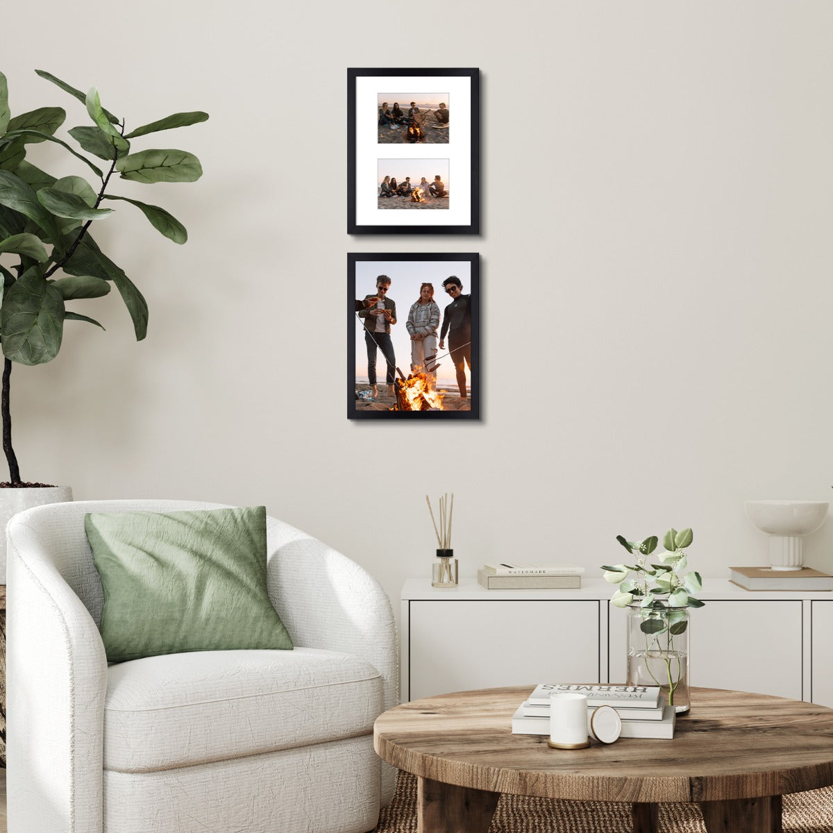 11x14 Black Wood Collage Frame For 2-5X7 photos with White Mat and Real Glass Golden State Art