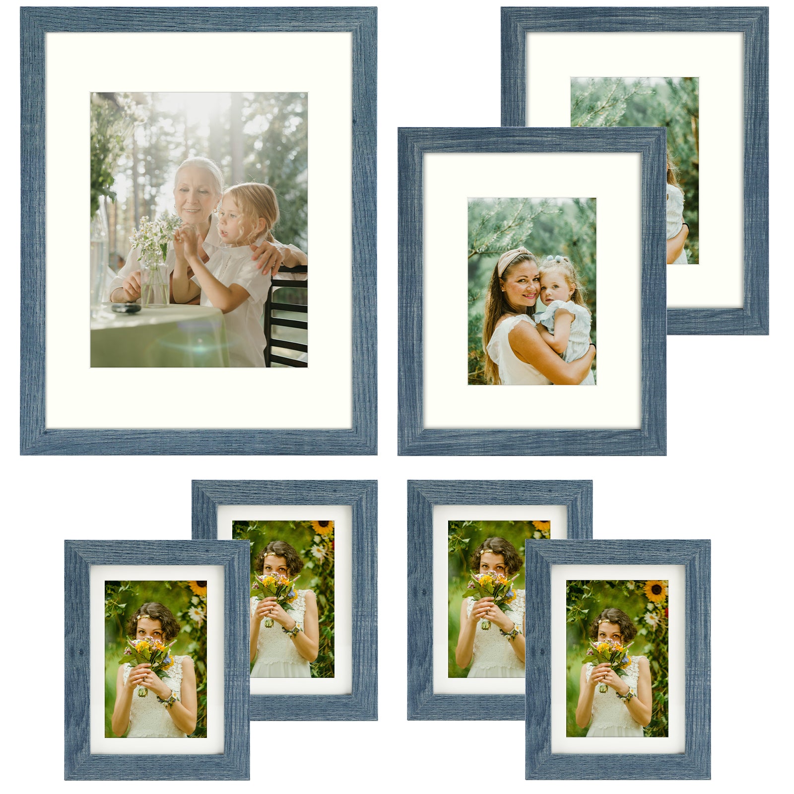 28 Pack Gallery Frames four 11x14, eight 8x10, sixteen 5x7 Picture Frames with Ivory Mat and Real Glass Blue Picture Frame Golden State Art