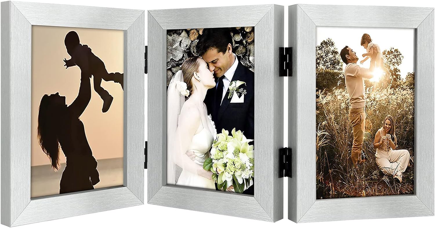 Hinged Frames Displays 3 Photos with Real Glass (8 Pack) 5x7 Silver Picture Frame Golden State Art