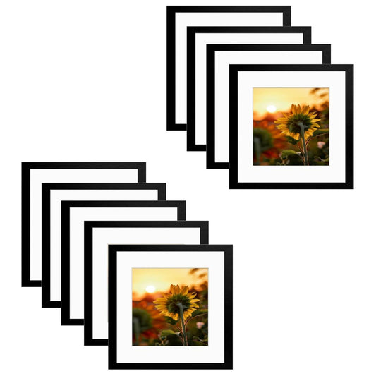 12x12 Black MDF Frame 0.71 Inch for 8x8 Picture with White Mat- Pack of 9