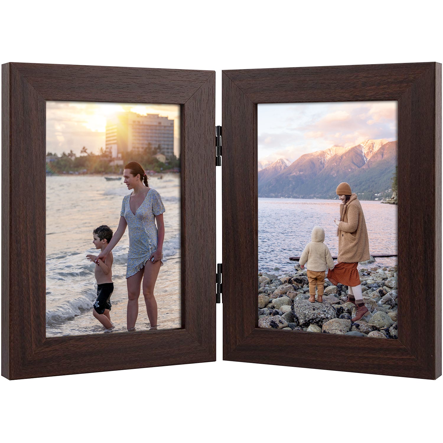 Hinged Frames Displays 2 Photos with Real Glass(10 Pack) 4x6 Walnut Picture Frame Golden State Art