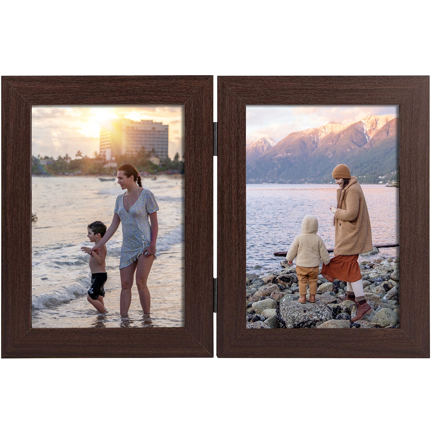 Hinged Frames Displays 2 Photos with Real Glass(10 Pack) 5x7 Walnut Picture Frame Golden State Art