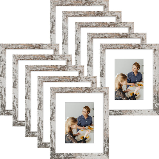 Clearance 8x10 MDF Picture Frames with White Mat for 5x7 Picture and Real Glass -Pack of 10