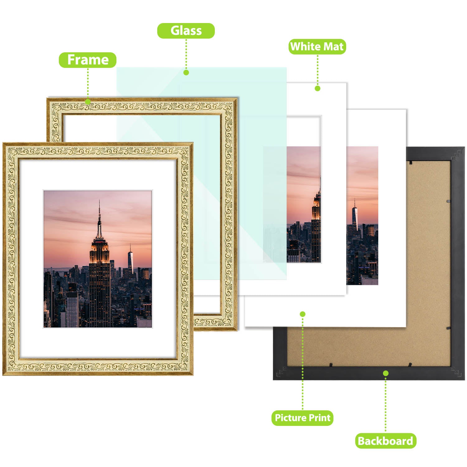 Golden State Art Antique Gold 11x14 Picture Frame with Mat for 8x10 Photos