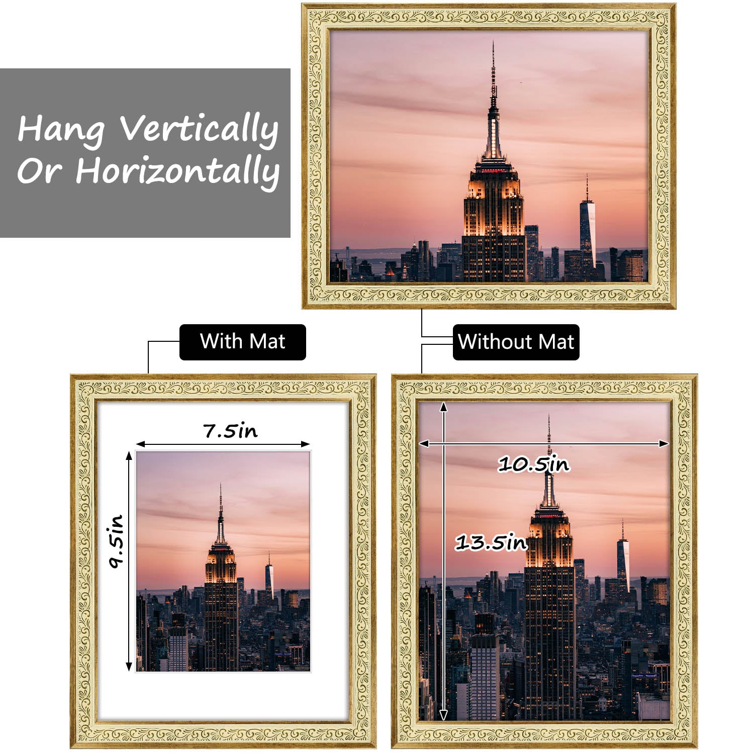 Golden State Art Antique Gold 11x14 Picture Frame with Mat for 8x10 Photos