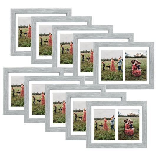 8.5x11 Wood Frame For 2-5x7 Photos with Mat and Real Glass (10 Pack) Grey White Mat Golden State Art