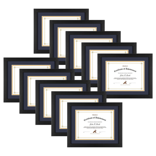 11X14 Wood Diploma Frame For 8.5x11 Documents & Certificates with Double Mat and Real Glass (10 Pack) Black Navy Gold Mat Golden State Art