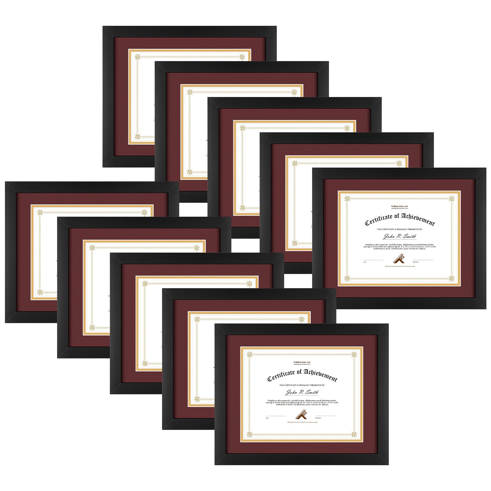 11X14 Wood Diploma Frame For 8.5x11 Documents & Certificates with Double Mat and Real Glass (10 Pack) Black Red Gold Mat Golden State Art