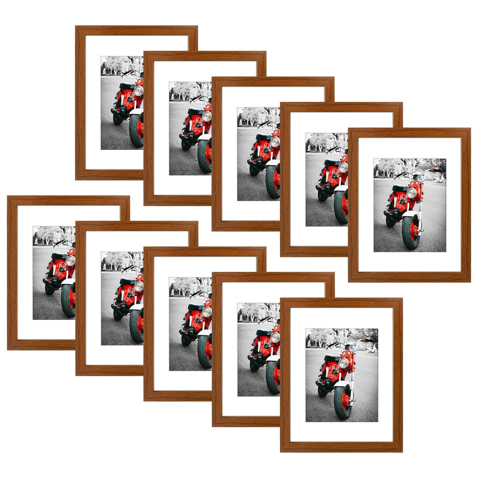 11x14 Wood Frame for 8x10 Picture and White Mat(10 Pack) Brown Picture Frames Golden State Art