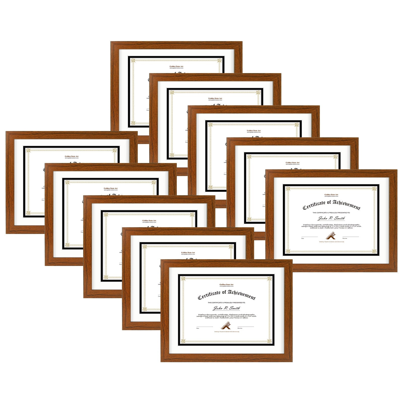 11X14 Wood Diploma Frame For 8.5x11 Documents & Certificates with Double Mat and Real Glass (10 Pack) Brown White Black Mat Golden State Art