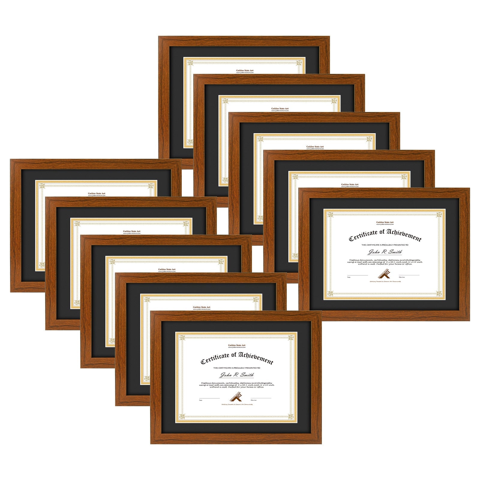 11X14 Wood Diploma Frame For 8.5x11 Documents & Certificates with Double Mat and Real Glass (10 Pack) Brown Black Gold Mat Golden State Art