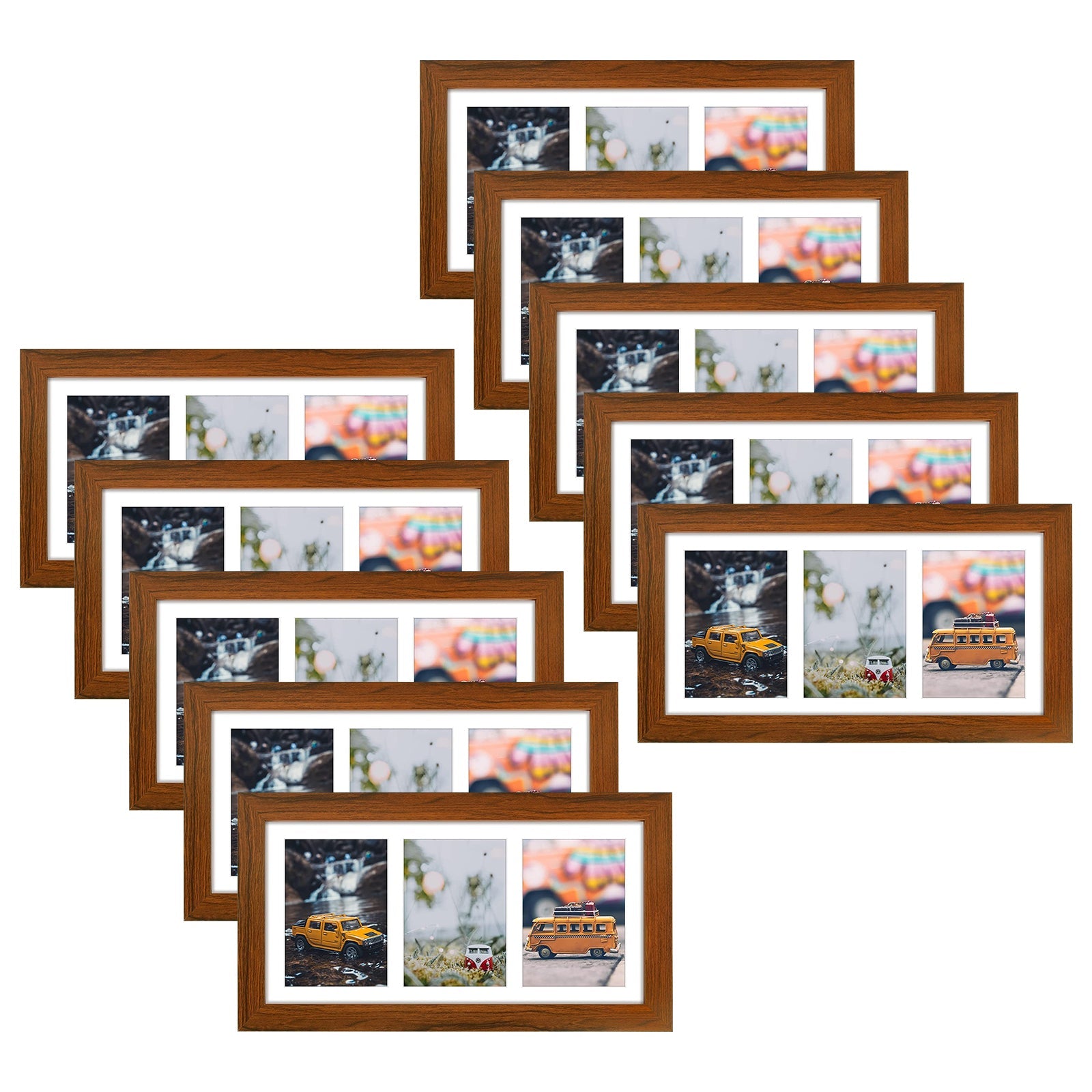 7x14 Wood Frame Displays Three 4x6 Pictures with White Mat(10 Pack) Brown Picture Frame Golden State Art