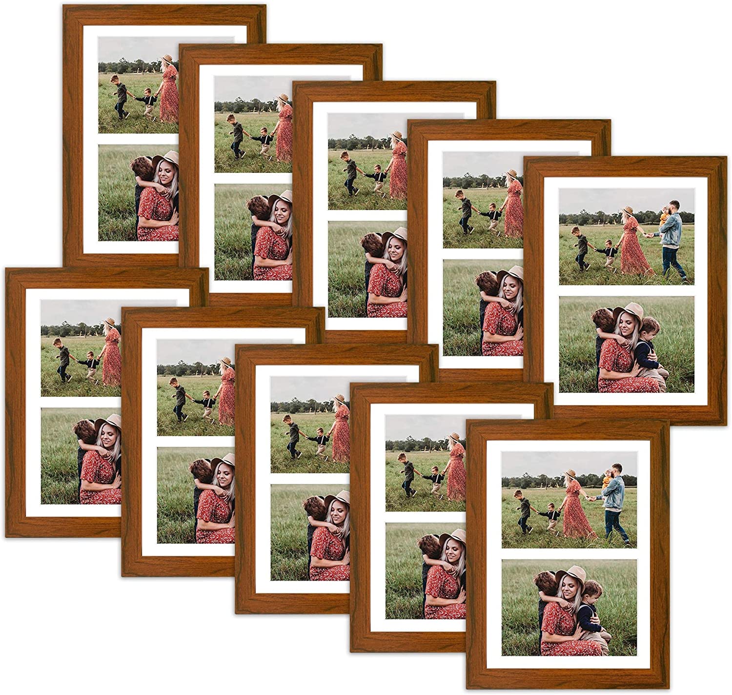 8.5x11 Wood Frame For 2-5x7 Photos with Mat and Real Glass (10 Pack) Brown White Mat Golden State Art