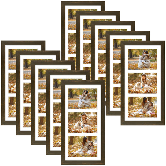 Clearance 7x14 Wood Picture Frame with White Mat For Three 4x6 Pictures-Pack of 10