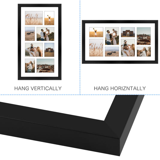 Clearance 10x18 Collage Frame For Four 4x5 And Four 3x4 Picture with White Mat and Real Glass Black-Pack Of 8