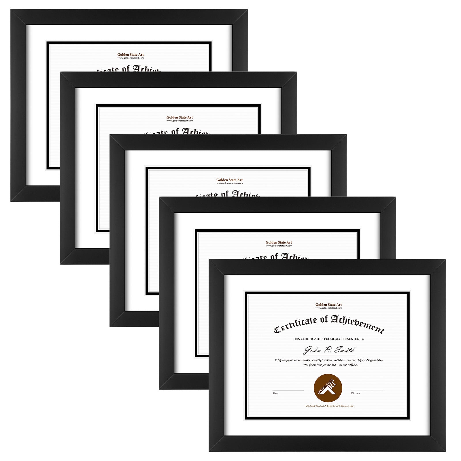 11X14 Wood Diploma Frame For 8.5x11 Documents & Certificates with Double Mat and Real Glass (10 Pack) Black White Black Mat Golden State Art