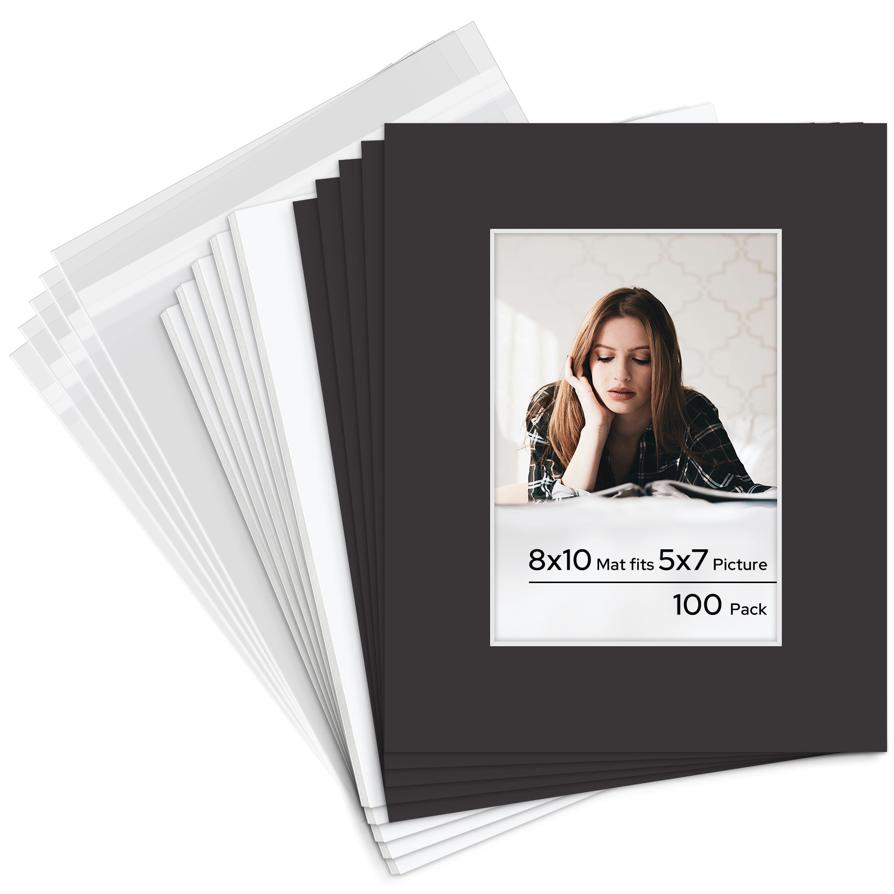 8x10 Pre-cut Mat with Whitecore with White Foam Board and Clear Bag 100 Pack 5x7 Tricom Black #142 Mat Boards Golden State Art