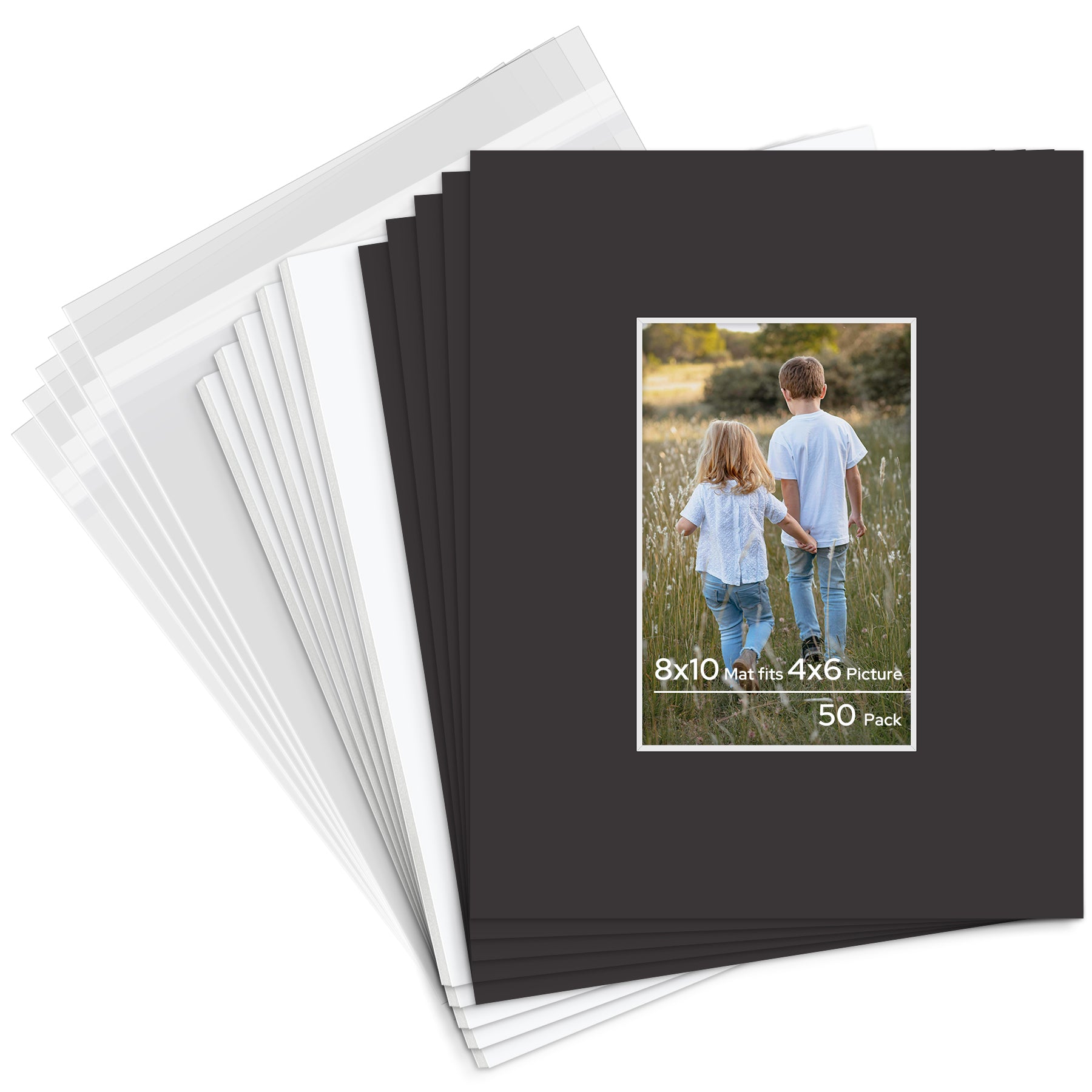 8x10 Pre-cut Mat with Whitecore with White Foam Board and Clear Bag 50 Pack 4x6 Tricom Black #142 Mat Boards Golden State Art