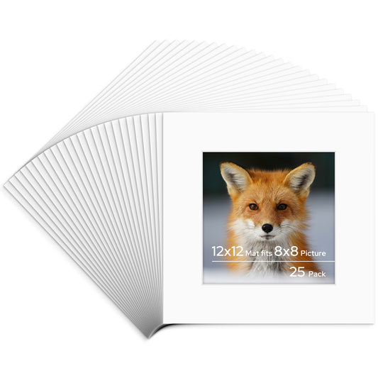 Pack of 25, 12x12 Custom Cut Mat with Whitecore fits 8x8 Picture Off White Bulk Pack