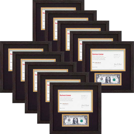 10.5x10.5 Picture Frame with 2 Opening For A 5.5x8.5 Business License and A Dollar Bill with Black Over Gold Double Mat(Dark Brown)-Pack of 10