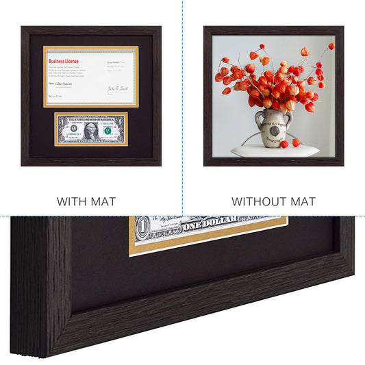 10.5x10.5 Picture Frame with 2 Opening For A 5.5x8.5 Business License and A Dollar Bill with Black Over Gold Double Mat(Dark Brown)-Pack of 10