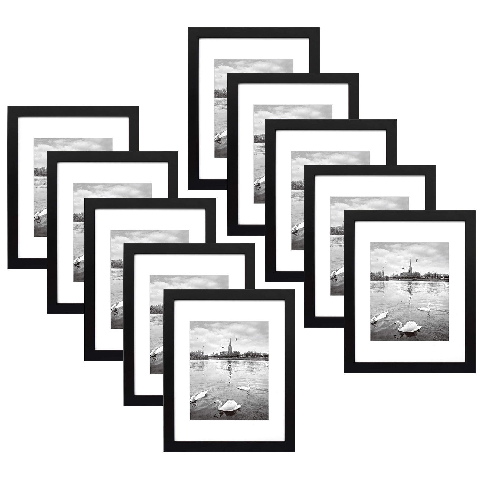 Wood Picture Frame with White Mat and Real Glass Black (10 Pack) 11x14 Matted to 8x10 Picture Frame Golden State Art