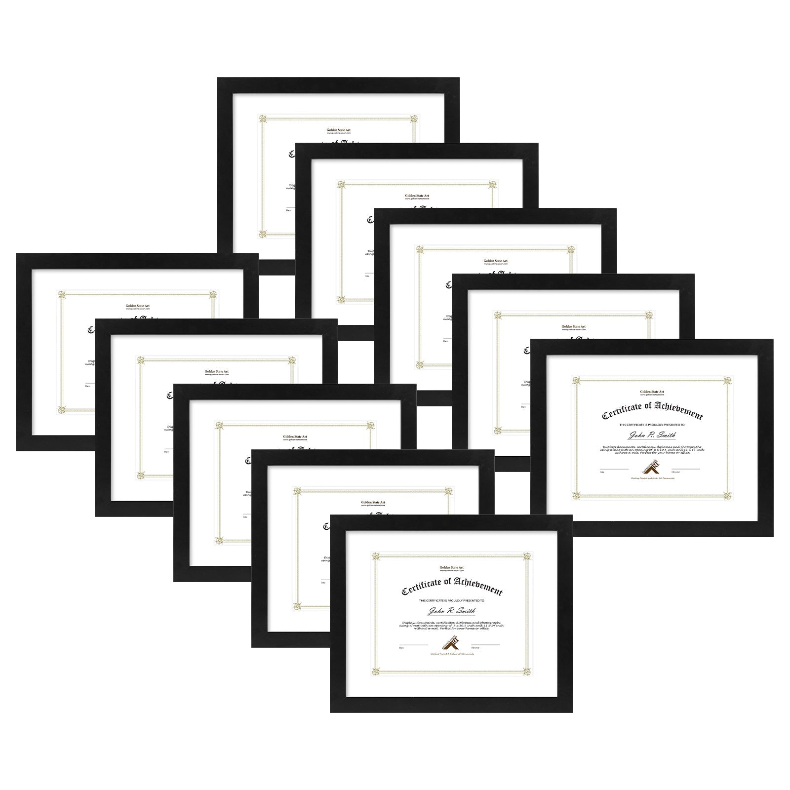 11X14 Wood Diploma Frame For 8.5x11 Documents & Certificates with Double Mat and Real Glass (10 Pack) Black Black White Mat Golden State Art