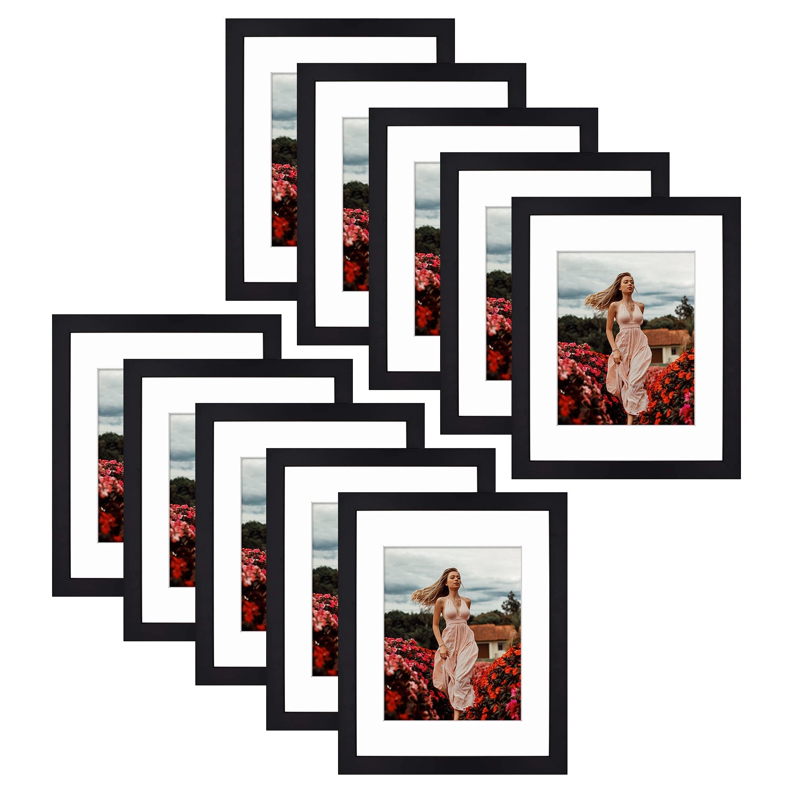 11x14 Wood Picture Frame for 8x10 Photo with White Mat (10 Pack) Black Picture Frame Golden State Art