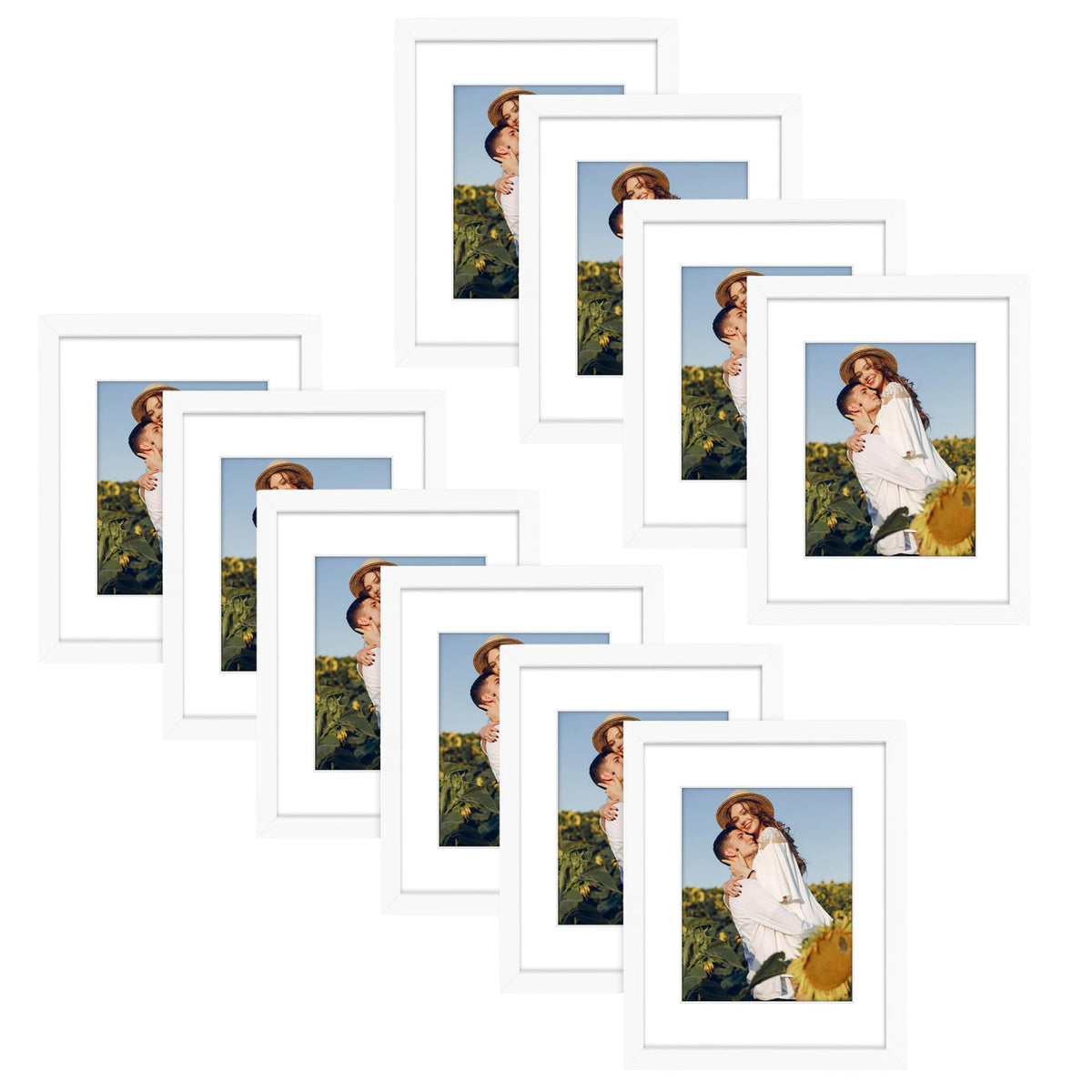 11x14 Wood Frame 0.75 Inch with White Mat for 8x10 Picture - Pack of 10 White Picture Frames Golden State Art