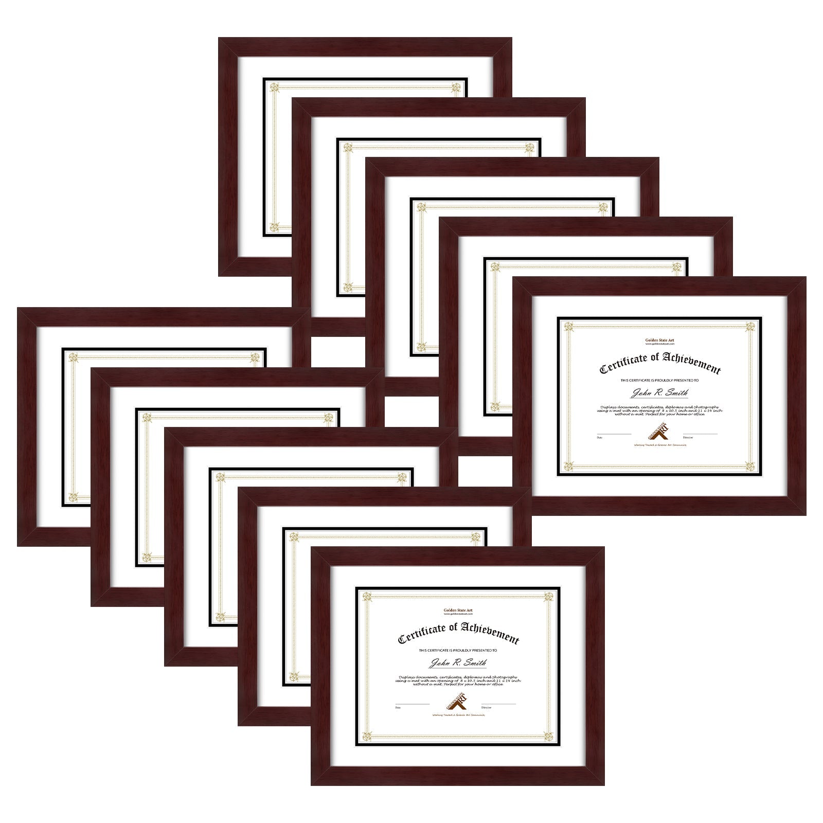 11X14 Wood Diploma Frame For 8.5x11 Documents & Certificates with Double Mat and Real Glass (10 Pack) Mahogany White Black Mat Golden State Art