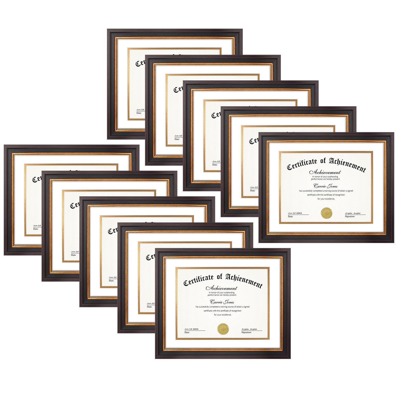 Black Gold and Burgundy Diploma Frame 0.8125 Inch 10 Pack 11x14 Matted to 8.5x11 White Gold Mat Picture Frames Golden State Art