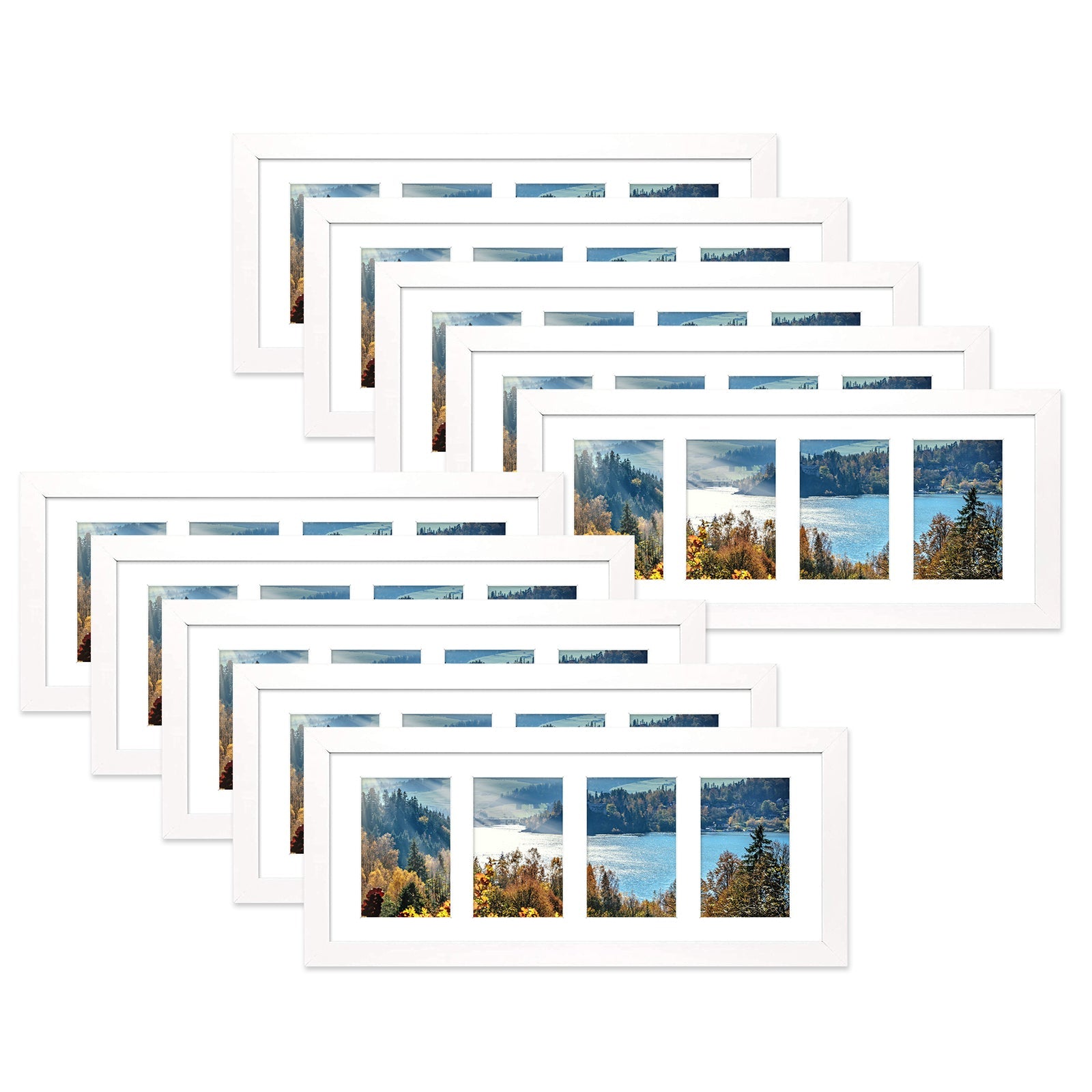 8x20 Wood Frame displays four 4x6 Picture and White Mat (10 Pack) White Picture Frame Golden State Art