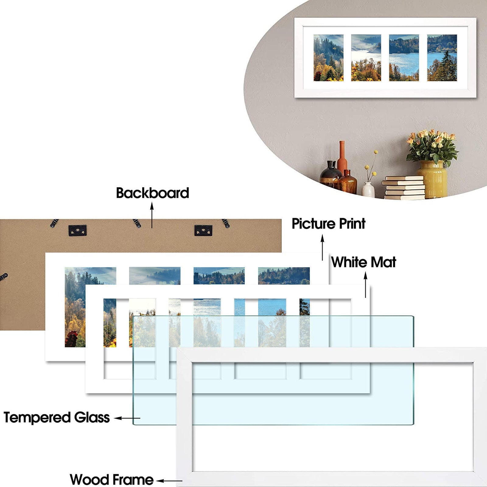 8x20 Wood Frame displays four 4x6 Picture and White Mat (10 Pack) Picture Frame Golden State Art