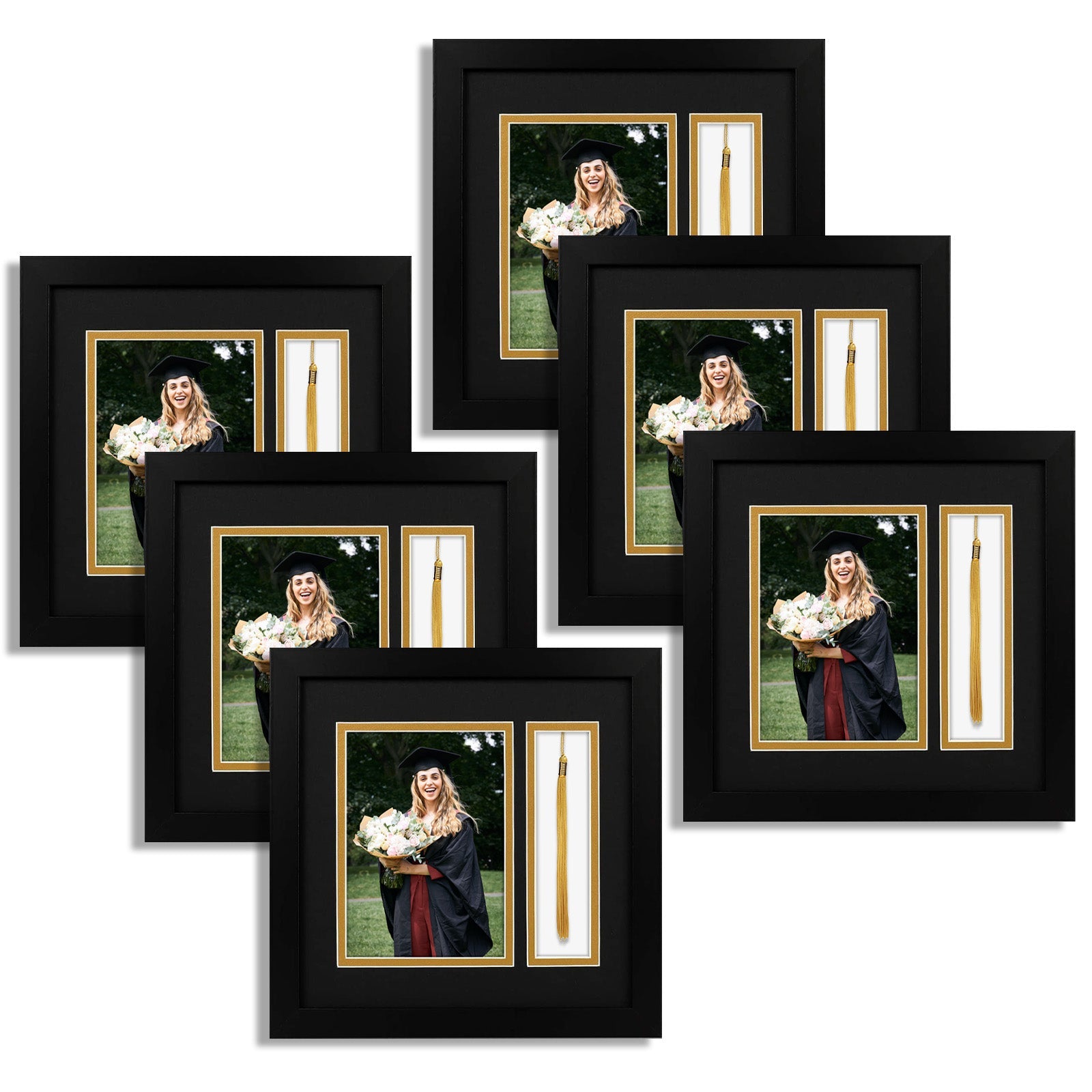 10x10 Black Diploma Shadow Box Frame for 5x7, 2x7 Picture and Ivory Mat(6 Pack) Black Gold Mat Picture Frame Golden State Art