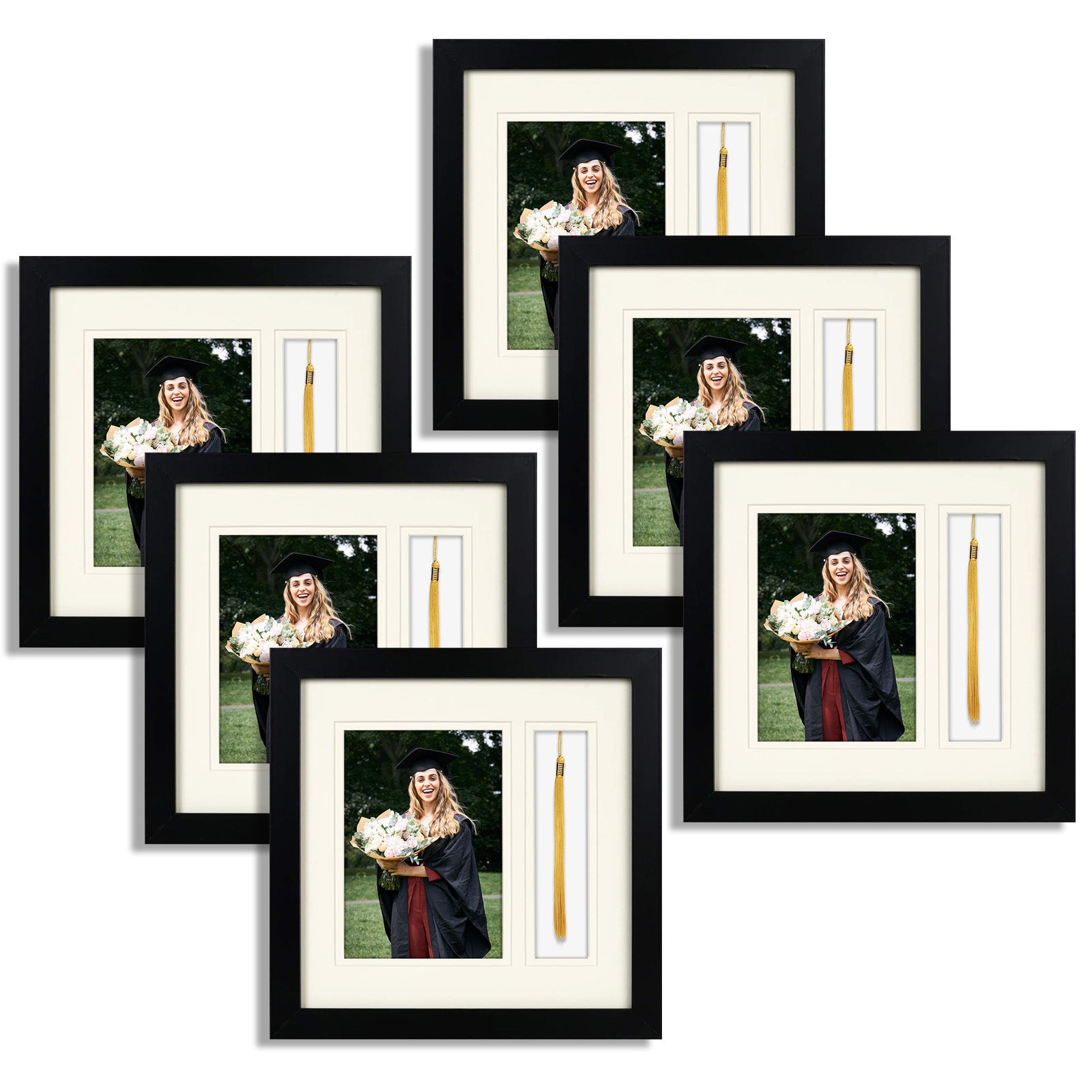 10x10 Black Diploma Shadow Box Frame for 5x7, 2x7 Picture and Ivory Mat(6 Pack) Picture Frame Golden State Art