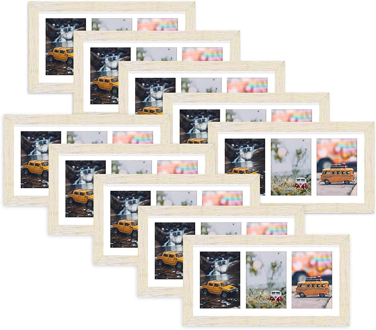 7x14 Wood Frame Displays Three 4x6 Pictures with White Mat(10 Pack) Distressed White Picture Frame Golden State Art